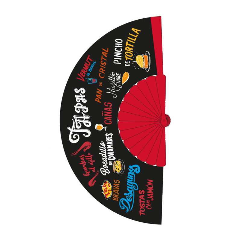 Abanico rojo, fondo negro, con estampado de nombres de tapas