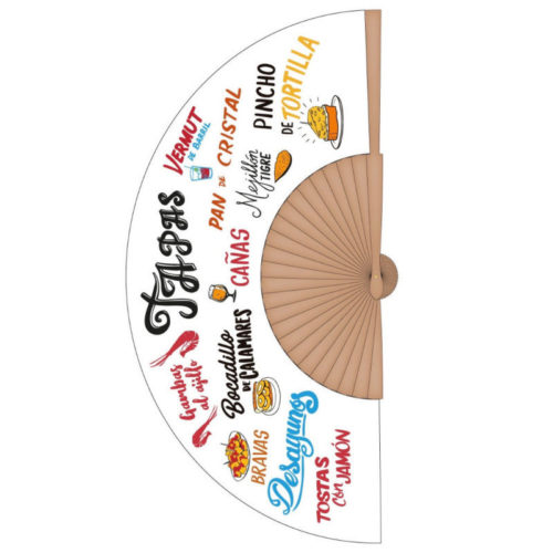 Abanico de madera en fondo blanco con nombre de tapas españolas (vertical)